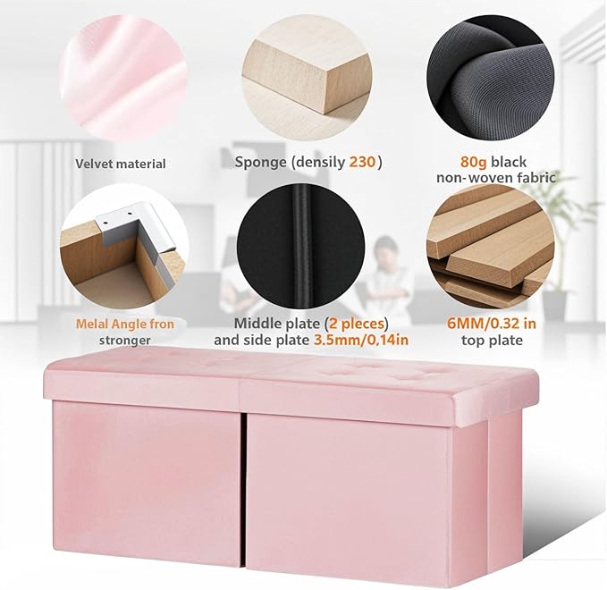 AmasSmile Footrest Ottoman Bench with Storage,34Inch Pink Velvet Footstool, Coffee Table, Padded Seat, Storage Chest,Blanket Store with Flipping Lid for Livingroom and Bedroom