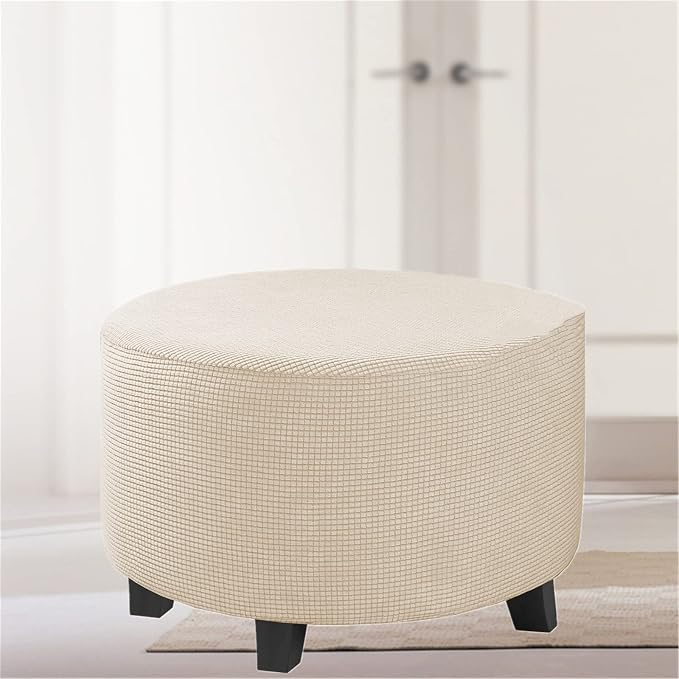 Stretch Ottoman Slipcover – Round Furniture Protector Fits 20"-23" Dia, for Footrests, Storage Ottomans & Folding Stools – Elastic Fabric Cover (Nature, Medium)