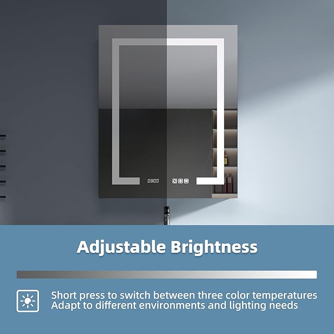 LED Medicine Cabinet Mirror, 24x30 Inch Bathroom Storage, Recessed/Wall Mount, Plug-in/Hardwired, 3 Color Dimmable Light, Anti-Fog, Time Temp Display, Right Hinge