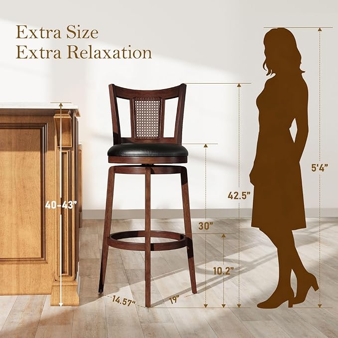 Sophia & William Swivel Bar Stools Set of 2, Bar Height Barstools with Backrest & Solid Wood Legs, Brown Faux Leather Kitchen Stools, 30 Inch