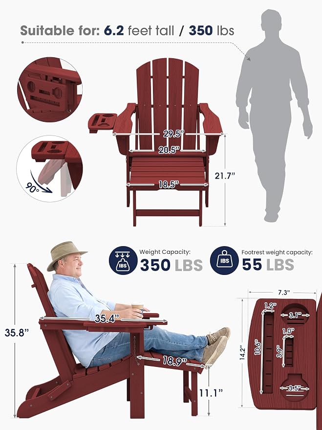 KINGYES Adjustable Folding Adirondack Chair with Footrest & 4-in-1 Multi-Functional Armrest Organizer Set of 2, HDPE Foldable Recliner Adirondack Chair with Pull-Out Ottoman, Red