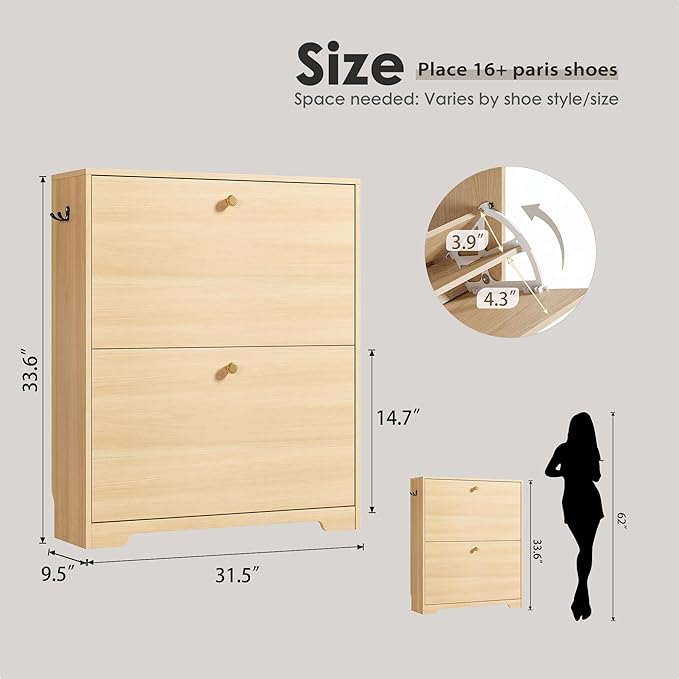 Nicetree Shoe Cabinet with 2 Flip Drawers, Narrow Shoe Organizer Cabinet, Freestanding Shoe Rack Cabinet, Modern Shoe Storage Cabinet for Entryway, Hallway, Foyer Natural Oak with Hook