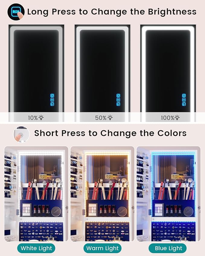 Vlsrka LED Mirror Jewelry Cabinet with Lights, Lockable Full Length Mirror with Storage, Standing Jewelry Armoire Organizer with Touch Screen&RGB Modes for Small Bedroom Spaces, Gift for Women, White