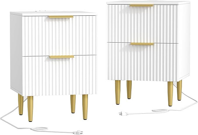 Akxomel White Nightstand Set of 2, Fluted Night Stand with Charging Station, 13.8" D x 15" W x 23.2" H, 2 Drawers Modern Bedside Table with USB Ports and Outlets, Golden Side Table for Bedroom