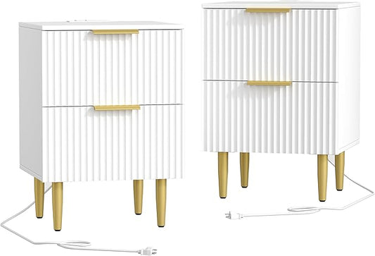 Akxomel White Nightstand Set of 2, Fluted Night Stand with Charging Station, 13.8" D x 15" W x 23.2" H, 2 Drawers Modern Bedside Table with USB Ports and Outlets, Golden Side Table for Bedroom