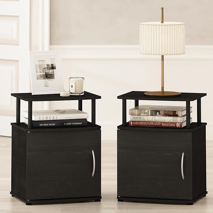 Furinno TIDUR Night Stand Set of 2, Nightstand with Open Shelf and Door Cabinet, Round Corner Bedside Table, End Table, Side Table, for Bedroom, Closet, Dorm, Black