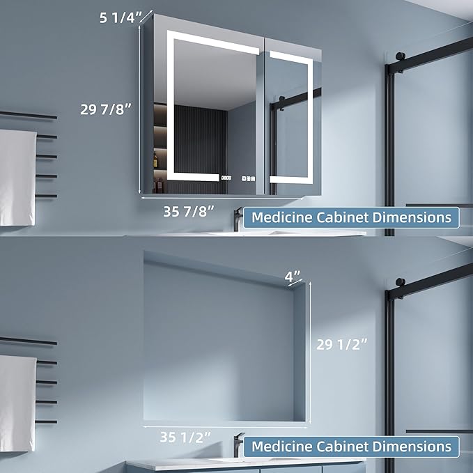 Medicine Cabinet with Lights with Mirror, 36 x 30 Inch Recessed/Surface Wall Mount LED Lighted Medicine Cabinets for Bathroom with Storage, 3 Colour Lights Dimmable Defog, Time/Temp Display