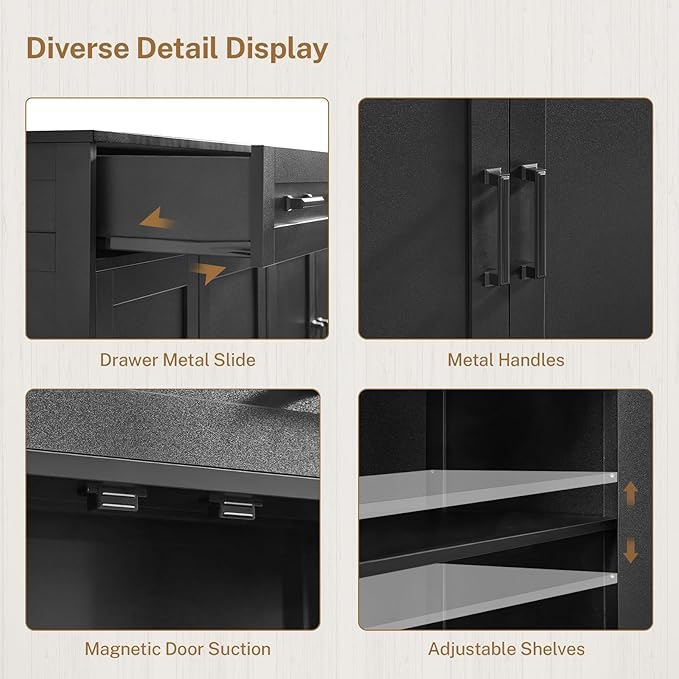 usikey Buffet Cabinet with Storage and Drawers, 55" Large Sideboard Buffet Cabinet with Adjustable Shelves and Doors, Modern Coffee Bar for Kitchen, Living Room, Black