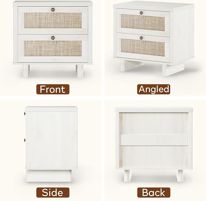 LAZZO White Nightstands Set of 2, Mid Century Modern Night Stand with 2 Rattan Drawers, Bedroom End Tables