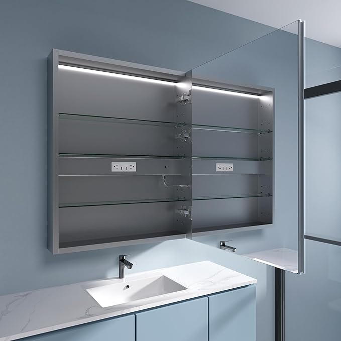 LED Medicine Cabinet Mirror, 24x30 Inch Bathroom Storage, Recessed/Wall Mount, Plug-in/Hardwired, 3 Color Dimmable Light, Anti-Fog, Time Temp Display, Right Hinge