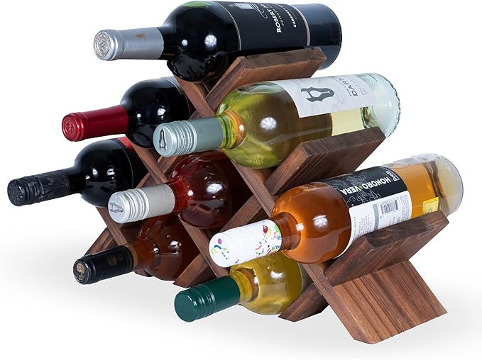 Rustic State Alella Countertop Wood Wine Rack for 8 Bottles Holder and Cork Storage Tabletop Butterfly Sleek Design Freestanding Organizer - Home, Kitchen, Dining Room Bar Décor - Walnut