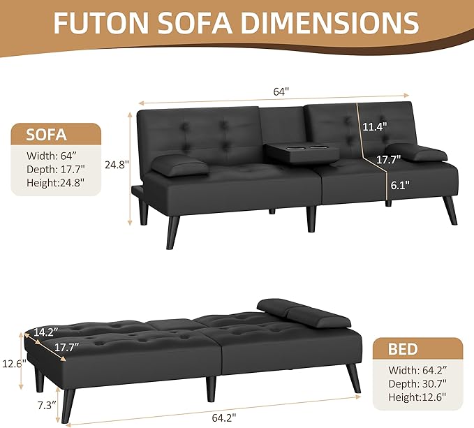 Shintenchi Futon Sofa Bed, Leather Foldable Futon Couch, Reclining Sleeper with Removable Armrests, Upholstered Loveseat Sofa Couch with Folding Cup Holders for Home, Office(Black)