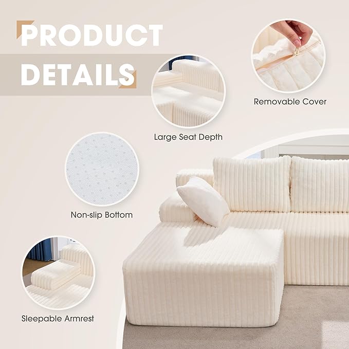 Hobestluk Modular Sectional Sofa Boneless Couch L-Shape Couch 3 Seat Modular Couch Memory Foam Sectional Couches for Living Room Furniture, Cloud Couch Lounge (White Stripe, 98" Left Facing Chaise)