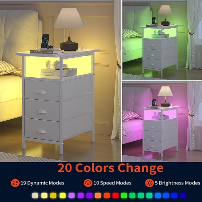 sthmec End Table with Charging Station,LED Side Tables with USB Ports and Outlets,Narrow Nightstands Bedside Tables with 3 Drawers PU Finish for Small Space,Slim Sofa Table for Livingroom,White