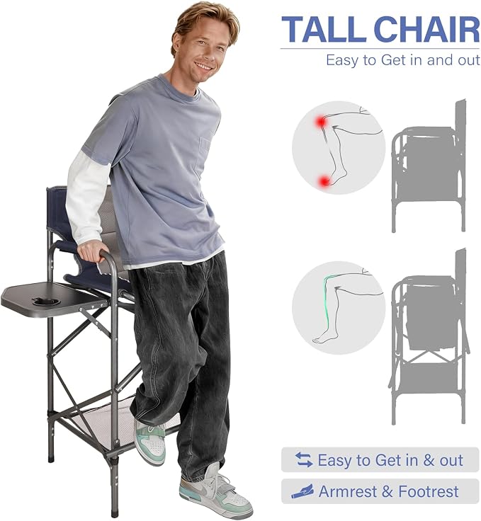 LANMONTAIN Folding Tall Director Chairs,30.7'' Seat High Makeup Solan Chairs,Portable Camping Chair w/Side Table Functional Pocket and Footrest,Comfy Bar Stool Heavy Duty Supports 350 Lbs,Blue