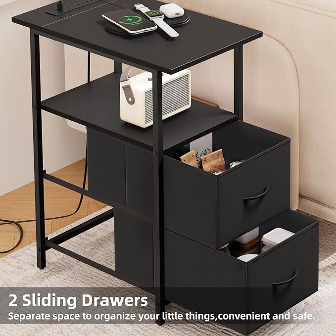 Somdot End Table Set of 2 with Charging Station, Narrow Side Table with 2 Fabric Drawers, Skinny Nightstand with Storage, Small Slim Bedside Table for Living Room, Sofa, Bedroom, Couch, Black