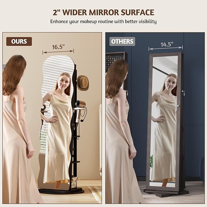 Vlsrka 360° Swivel Jewelry Aromire with Wavy Mirror, Lockable Jewelry Organizer Mirror Full Length, Rotatable Standing Mirror with Storage, Jewelry Cabinet, Interior Mirror, Flodable Shelf, Black