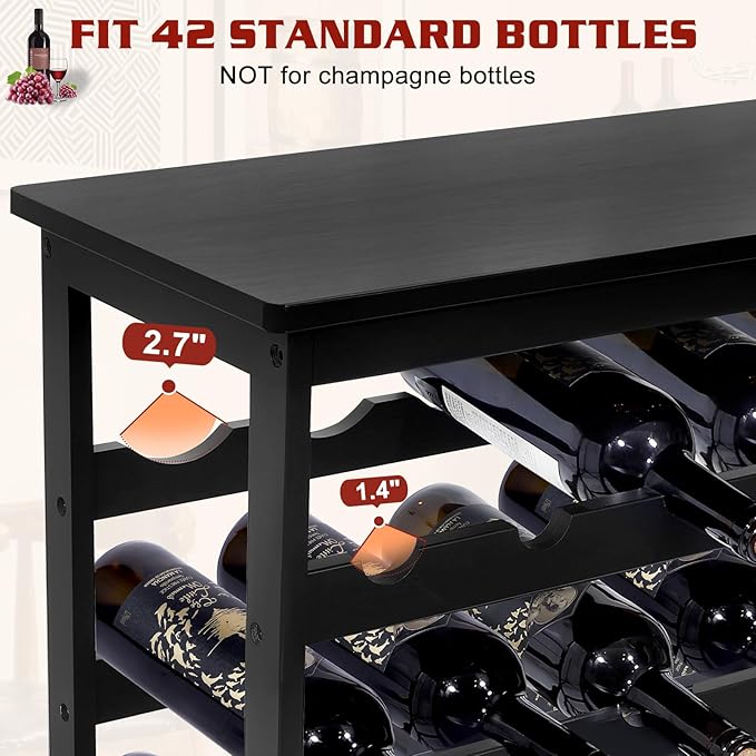 Bamboo Wine Rack Freestanding Floor, 7-Tier 42-Bottle Wine Storage Shelf with Table Top - Black