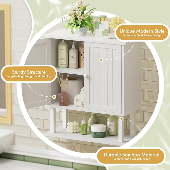 AmazerBath Bathroom Wall Cabinets, Bamboo Over The Toilet Storage Cabinet with Adjustable Shelves, Large Wall Mounted Medicine Cabinets with 2 Doors for Small Spaces, White, 9" D x 21.3" W x 23.8" H