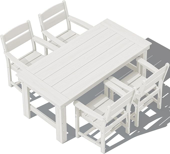 SERWALL Outdoor Dining Table Set, 67‘’ HDPE Patio Dining Set for 4, All-Weather Outdoor Table and Chairs Set for Deck, White