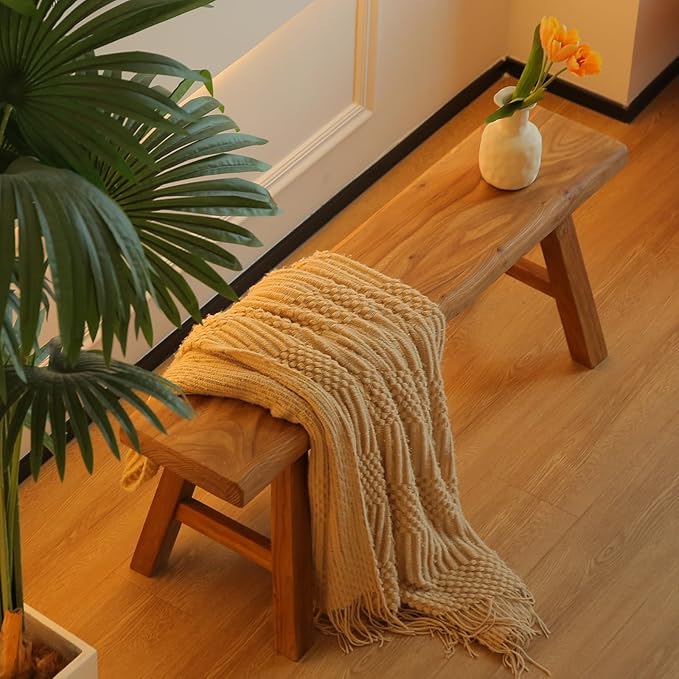 55.2in Wood Bench Indoor – Rustic Farmhouse Entryway Bench, Skinny Bench Design, Made of Extra-Thick Solid Wood, Perfect for Dining Room, Hallway, or End of Bed