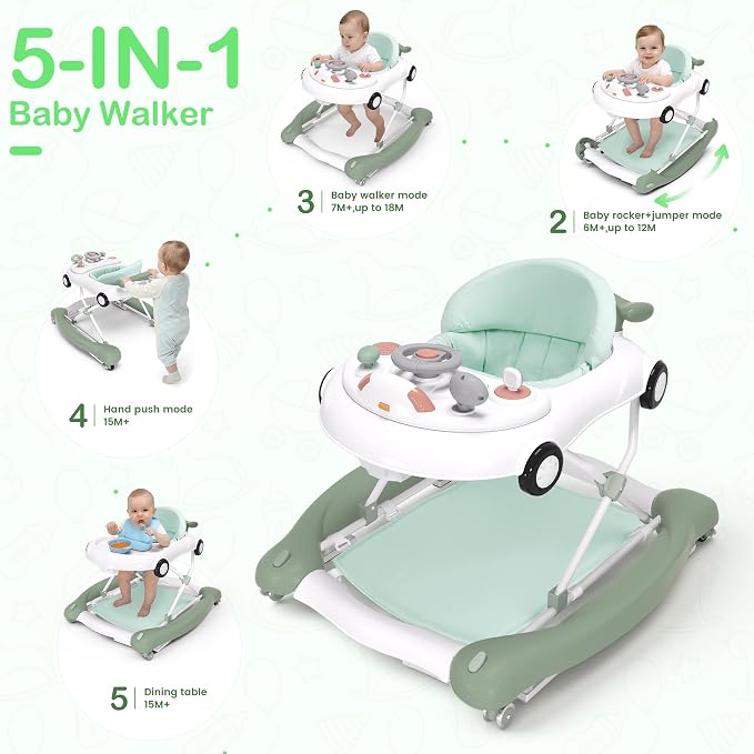 Baby Walker, 5-in-1 Baby Walker for Boys and Girls with Bouncer, Removable Footrest, Music, Foldable & Adjustable Speed Wheels Activity Walker for 6-18 Months Toddler Infant(Mint)