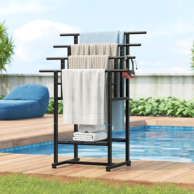 HOOBRO 4-Tier Freestanding Towel Rack, 28.3" L x 15.7" W x 41.3" H, Pool Towel Rack Outdoor, Metal Bathroom Storage Organizer with Bottom Shelf, Standing Blanket Rack, Industrial Style, Black BK16LB01