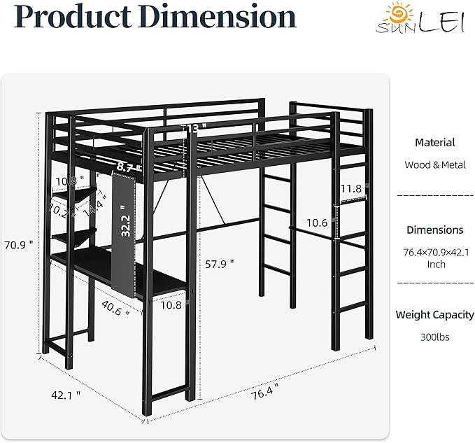 SUNLEI Loft Bed Twin Size with Desk and Safety Guard Rail, Twin Size Metal Bed Frame with Double Layer Shelves for Storage, No Box Spring 2 Security Ladders, Midnight Black