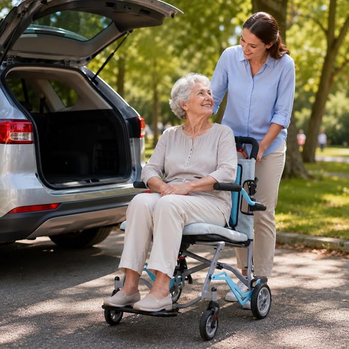 IDEALHOUSE Ultra Lightweight Folding Transport Wheelchair, 16” Seat, Flip-Up Armrests, Swing-Away Footrests, Portable & Compact for Travel, Caregiver-Friendly, 24.25 lbs