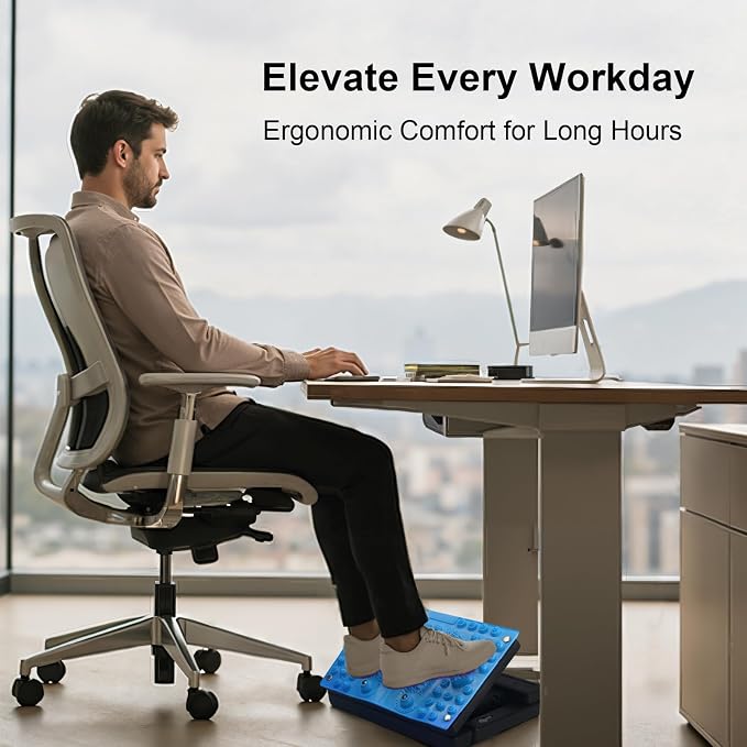Footrest for Under Desk at Work, Height Adjustable Foot Rest with Reflexology Pad, Foldable Ergonomic Foot Stool for Muscle Tension Relief, Suitable for Office, Home & All-Season Use(Blue)