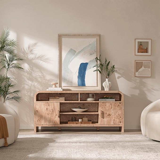 TV Stand for TVs Up to 65'' - [Unique Curved Profile, FSC-Certified Wooden Board] Entertainment Center with Adjustable Shelves and Storage Cabinet Modern Media Console for Living Room