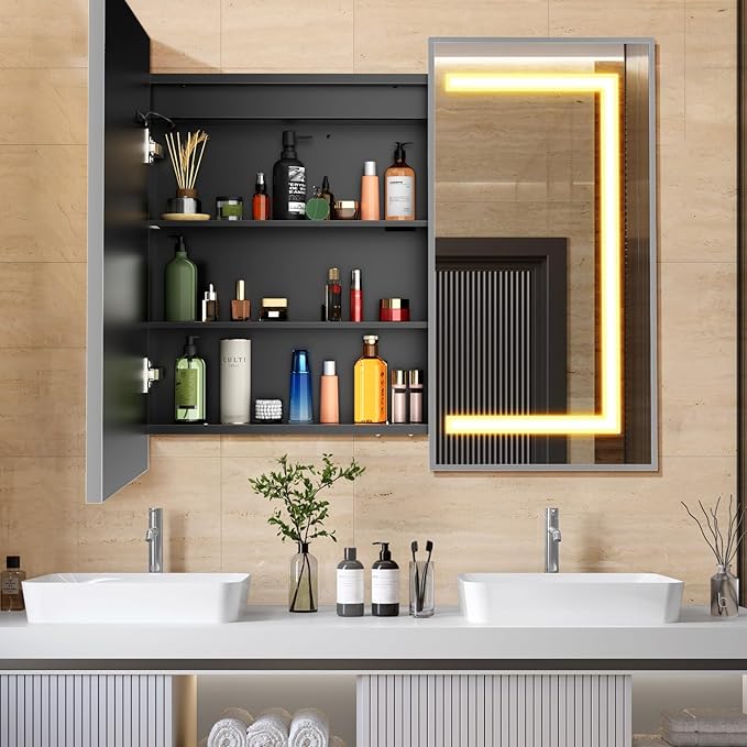 APRILSOUL 36x30 Inch Lighted Bathroom Medicine Cabinet with Mirror, Silver Recessed or Surface Mount Medicine Cabinet Mirror with Storage and LED Lights, 3 Colors Temperature, Dimmable Light