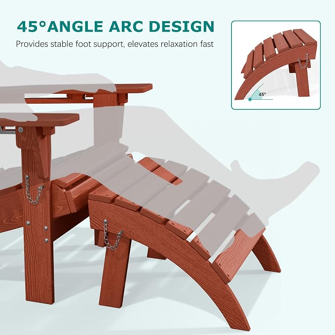 PLUUV Folding Adirondack Ottoman Footrest, All-Weather HDPE Outdoor Footstool for Adirondack Chair, Foldable Ottoman for Patio Backyard Pool Deck, Reddish