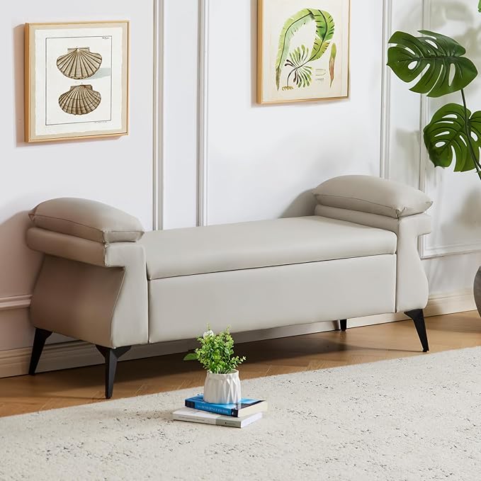 Furniliving 51” Storage Bench, Upholstered End of Bed Bench with Armrest Cushion Large Storage Ottoman/Bedroom Bench/Ottomans, Window Bench with Metal Legs, for Living Room, Entryway, Grey