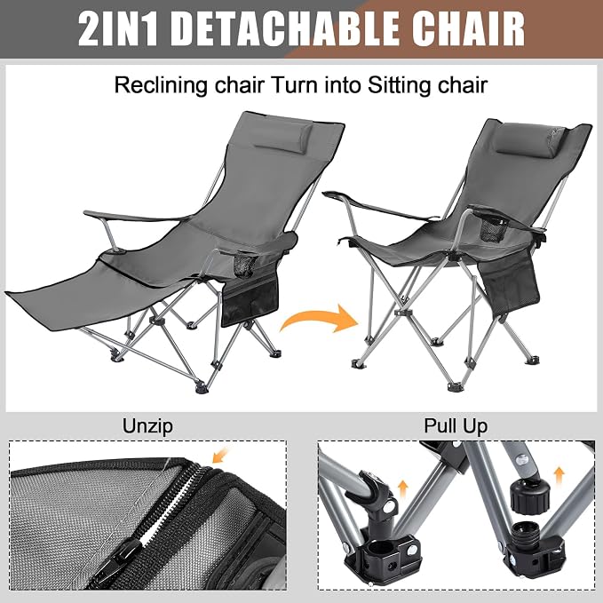 Yuntau 2 Set Reclining Beach Chairs with UPF 50+ Umbrellas Shade, Upgraded Heavy Duty Portable Folding Lounge Camping Chair with Canopy Removable Footrest & Headrest for Outdoor Patio(Grey, White)