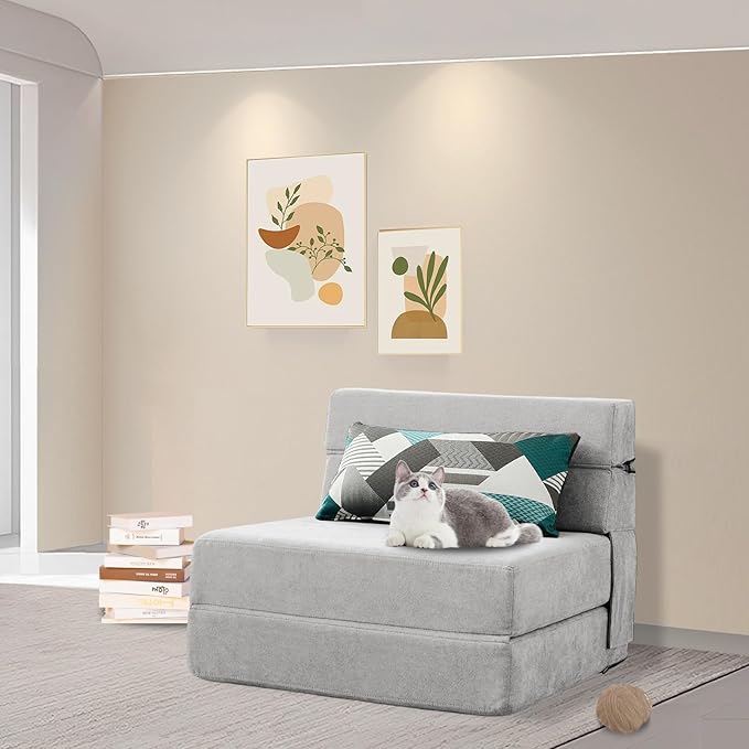 ANONER Folding Sofa Bed Couch Memory Foam Fold Out Chair Bed with Pillow, Single Size Convertible Sofa Bed Futon Sleeper Chair, Light Gray