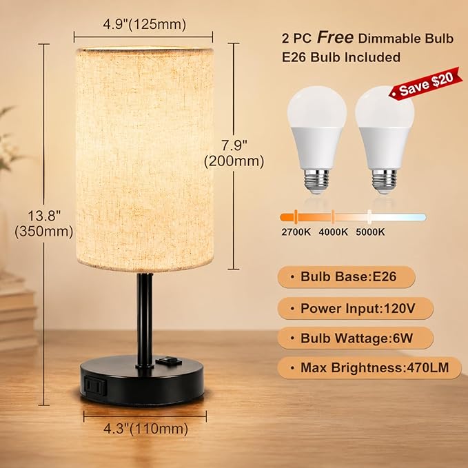 ZJOJO Table Lamp for Bedroom Set of 2, Bedside Small Lamps with 3 Way Dimmable Rocker Switch and AC Outlet, Nightstand Desk Lamp with Flaxen Fabric Shade Black Base for Living Room Home Decor Lights