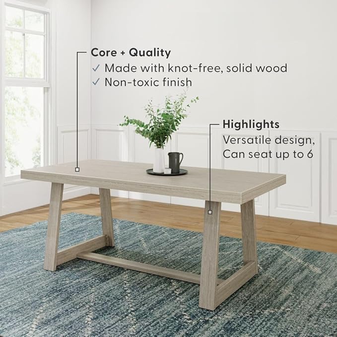 Plank+Beam 72 Inch Farmhouse Dining Table, Solid Wood Rustic Kitchen Table, Large Wooden Rectangular Dinner Table for Dining Room, Home Office, Living Room Furniture, Easy Assembly, Seashell Wirebrush