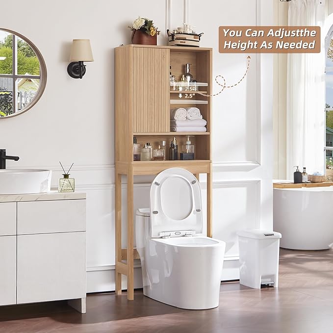 LEYAOYAO Fluted Over The Toilet Storage Cabinet, Farmhouse Over Toilet Bathroom Organizer with a Sliding Door, 68" Tall Wood Natural Freestanding Washer Shelf with Adjustable Shelf & Curved Profile