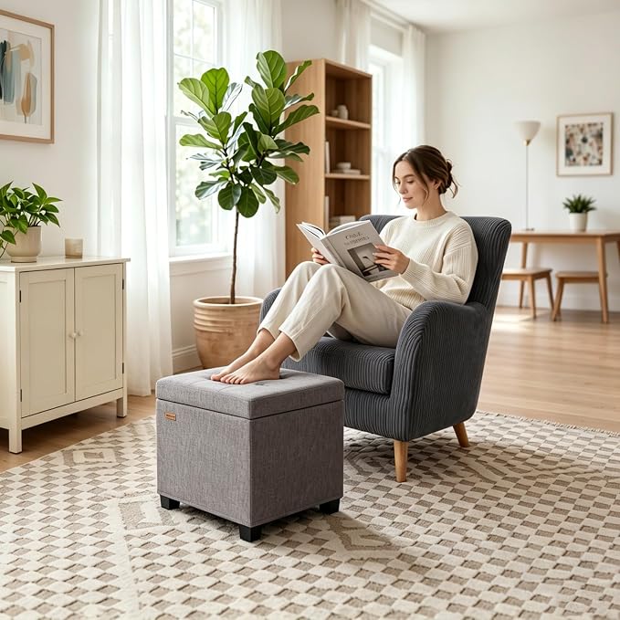 ABHENG Chenille Cover Steel Frame Ottoman with 48L Storage,17.7" x 17.7" x 17.7" Square Linen Storage Ottoman Stool Cube with Legs,for Dorm Livingroom Gray UASND641G