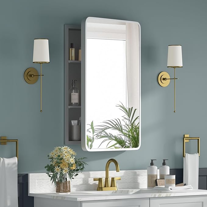 Bathroom Medicine Cabinet with Mirror 16 x 24 Inch, Silver Medicine Cabinet Recessed or Surface Wall-Mounted, Mirrored Cabinets with 2 Adjustable Shelves for Bathroom Vanity