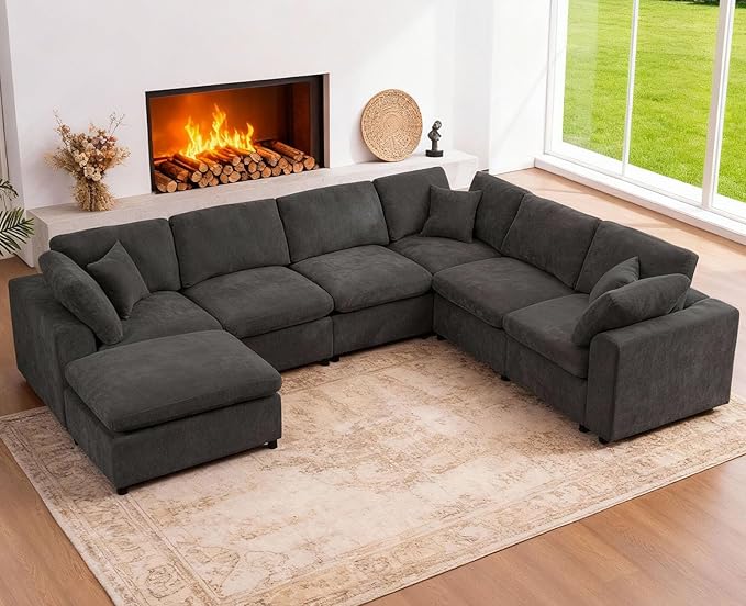 Oversized Modular Sectional Sofa Couch, Large 7 Seater Corner Sofa Modern U Shaped Sectional Couch with Ottoman Cloud Couches for Living Room, Office, Spacious Space, Dark Gray