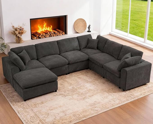 Oversized Modular Sectional Sofa Couch, Large 7 Seater Corner Sofa Modern U Shaped Sectional Couch with Ottoman Cloud Couches for Living Room, Office, Spacious Space, Dark Gray