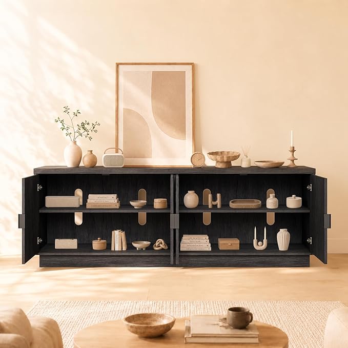 Fatmok Fluted TV Stand for up to 75" TVs, 68" Entertainment Center with 4 Doors, Modern Media Console with Adjustable Shelves & Storage Cabinets, Black and Grey