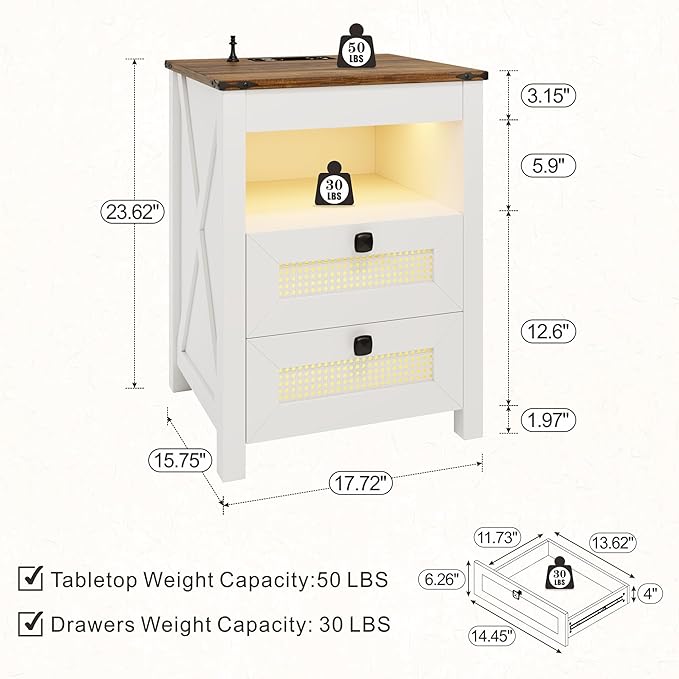 Bedside Table Set of 2 with Charger Station, Night Stand with Gun Drawer, LED Nightstand with Human Sensor Light, Farmhouse End Table for Bedrooms Living Room, White