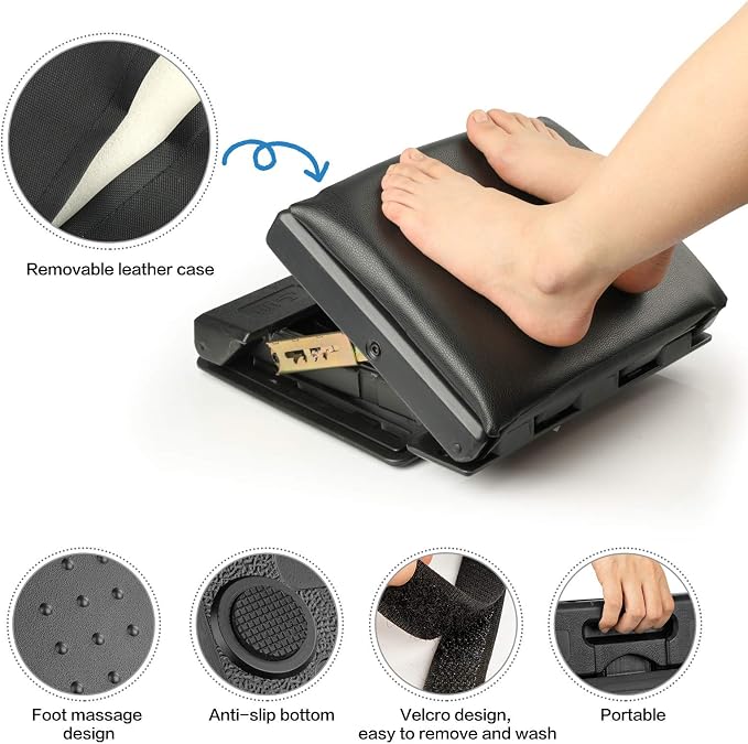 Adjustable Footrest with Removable Soft Foot Rest Pad Max-Load 140Lbs with 4-Level Height and Angle Adjustment Massage Footrest Under Desk for Car Travel, Kid's Writing, Office