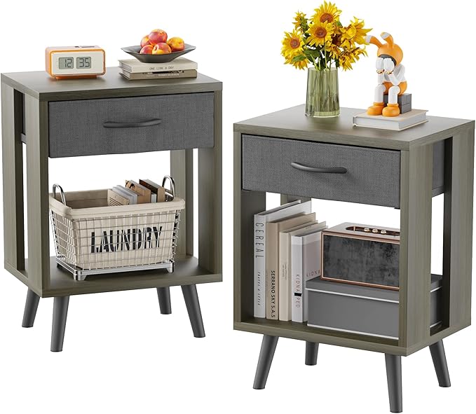 GYIIYUO Nightstands Set of 2 with Black Fabric Storage Drawer and Open Wood Shelf, Side Table with Storage for Bedroom, Bedside Tables - Gray 23.7" H