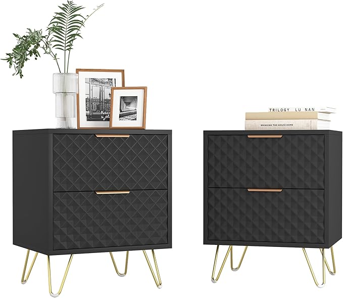 Black Night Stand Set of 2, Modern Double Bedside Table with 2 Drawers Storage for Bedroom, Wood End Side Table with Gold Legs for Living Room