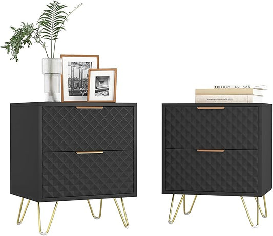 Black Night Stand Set of 2, Modern Double Bedside Table with 2 Drawers Storage for Bedroom, Wood End Side Table with Gold Legs for Living Room