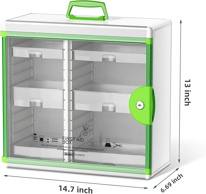 Glosen Lockable Medicine Cabinet with 6 Removable Trays, Wall Mounted & Portable Locking Medicine Cabinet Organizer with Key Lock for Home, Bathroom, Office - Aluminum Frame(15.63 * 6.5 * 15.43Inch)